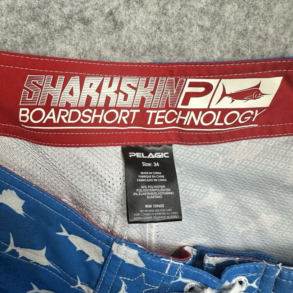 Pelagic Sharkskin Cargo Board Shorts Mens 34 Red White Blue USA Flag Beach 12" - Picture 10 of 12